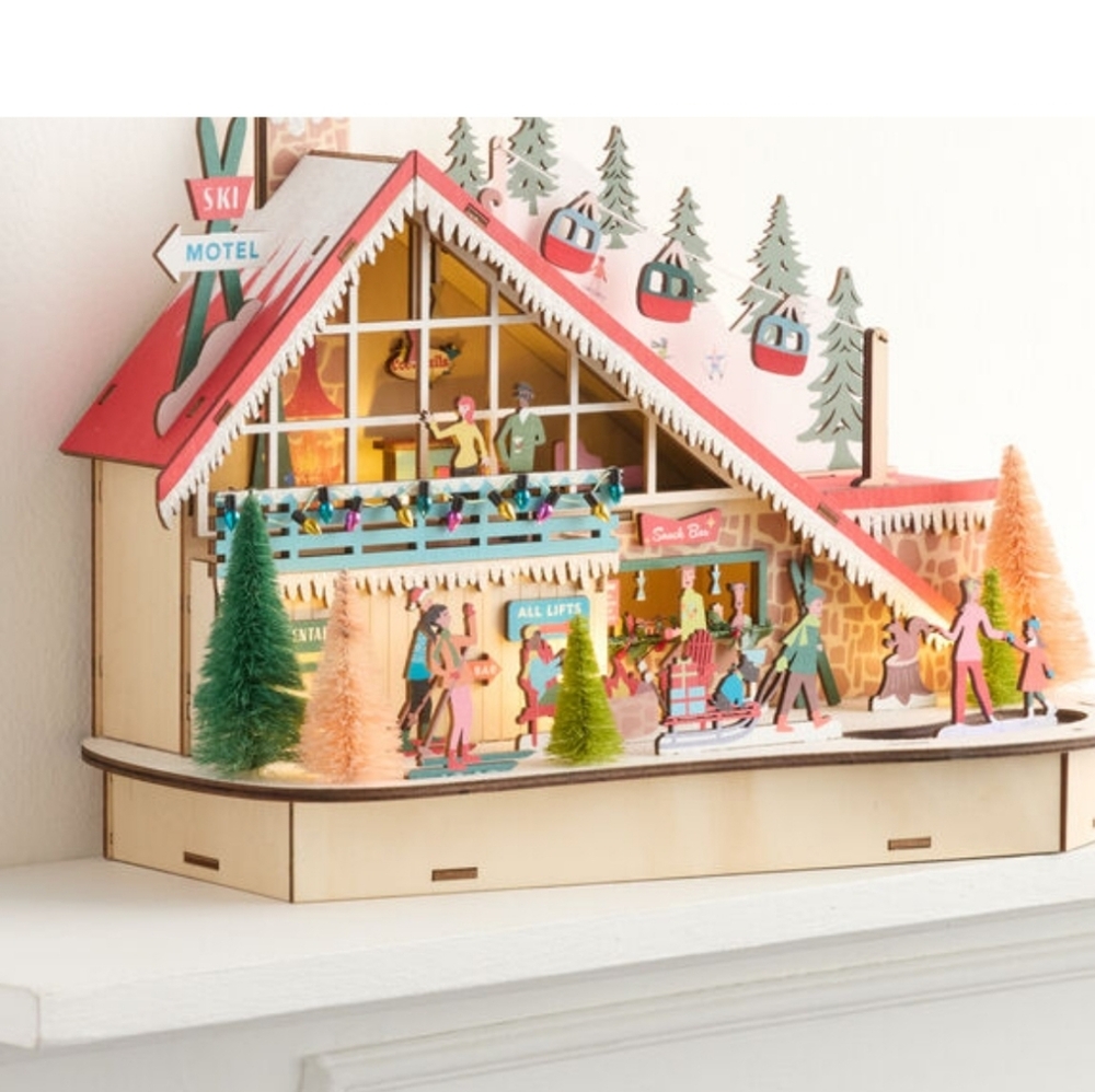 Mid-Century Modern Ski Lodge Large Light Up LED Christmas Decor Laser Wood NEW